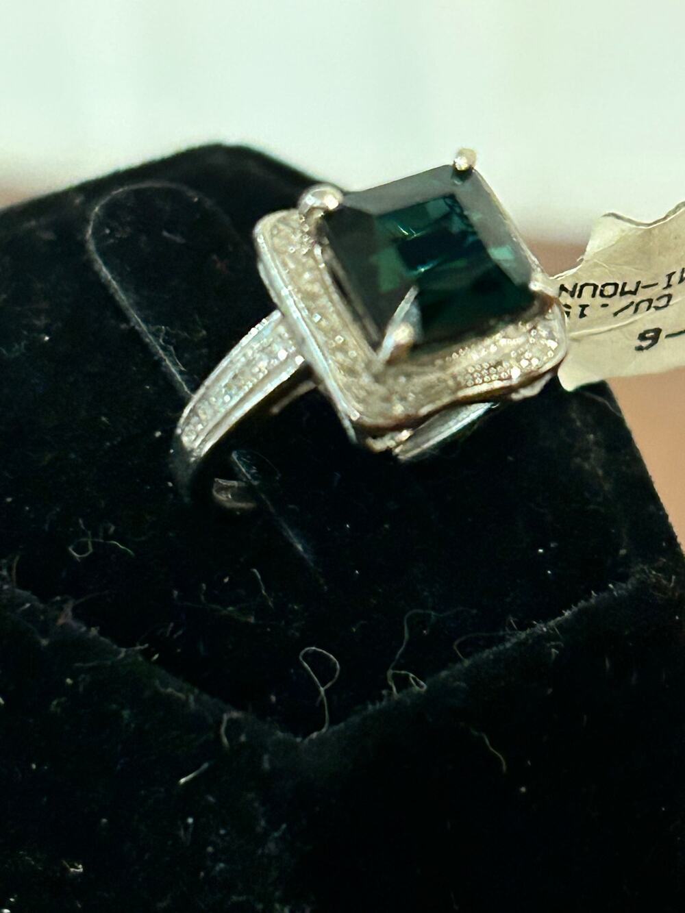 925 Sterling Silver Square Cut Emerald & Round Diamond Semi Mount Ring Size 5.75